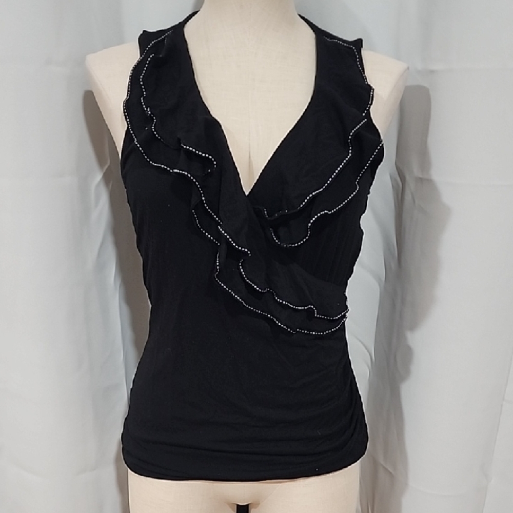White House Black Market Sleeveless Black Top with Ruffles
